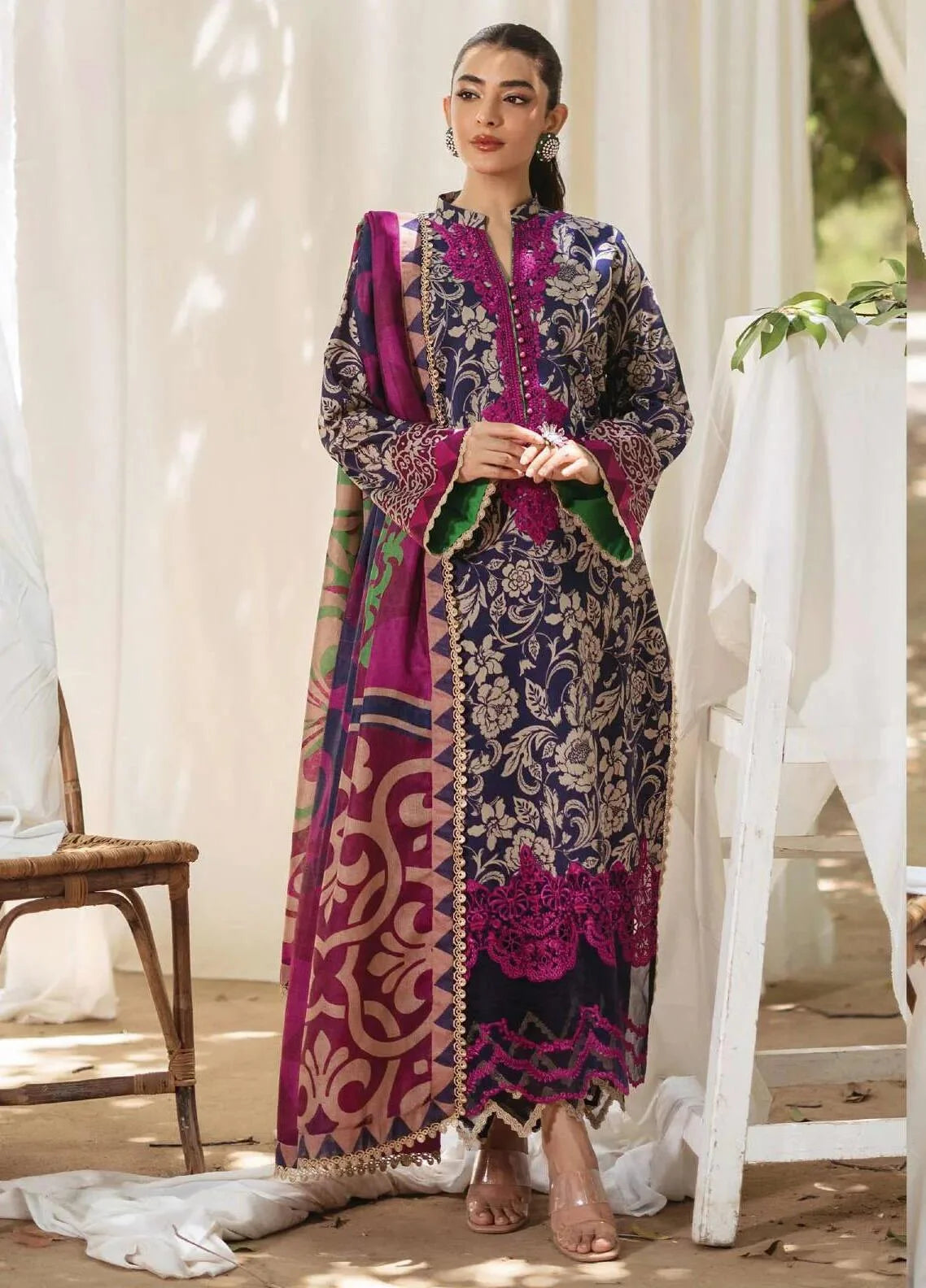 3 Piece Embroidered Lawn Suit with Chiffon Dupatta - Unstitched