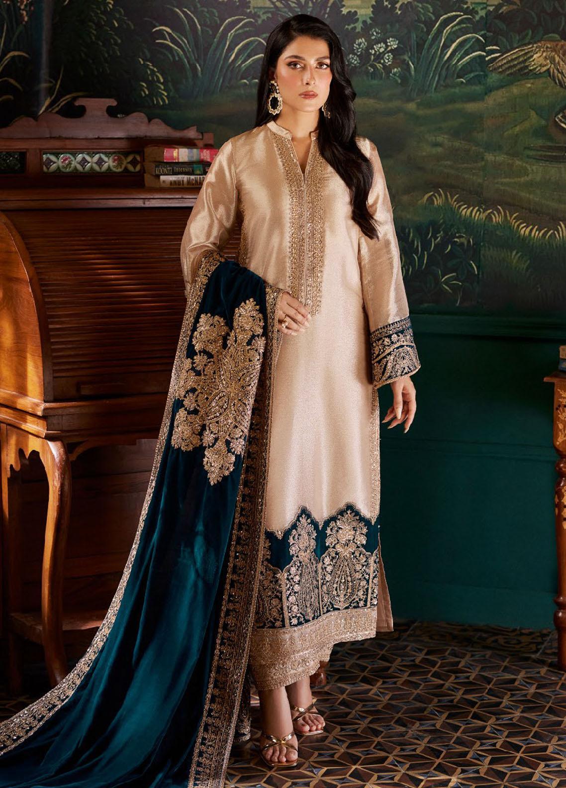 Heavy Embroidered 3 Pc Luxury Suit with Velvet Shawl - Unstitched