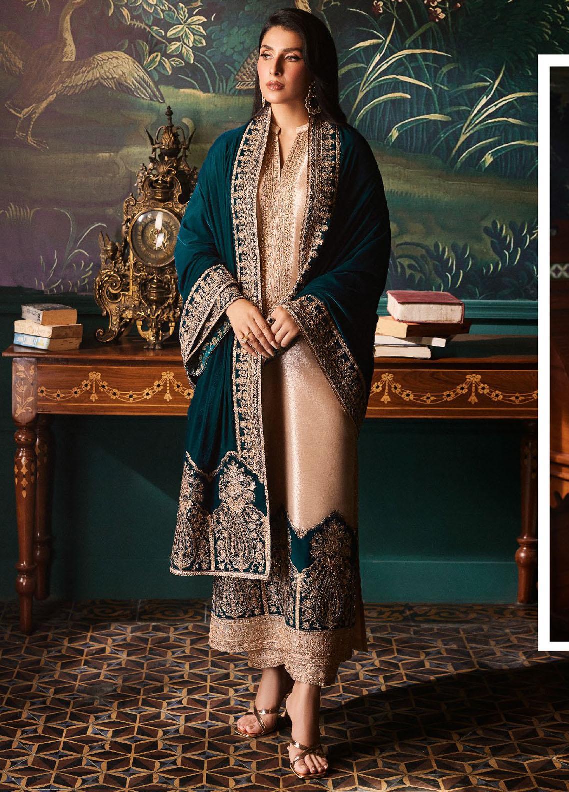 Heavy Embroidered 3 Pc Luxury Suit with Velvet Shawl - Unstitched