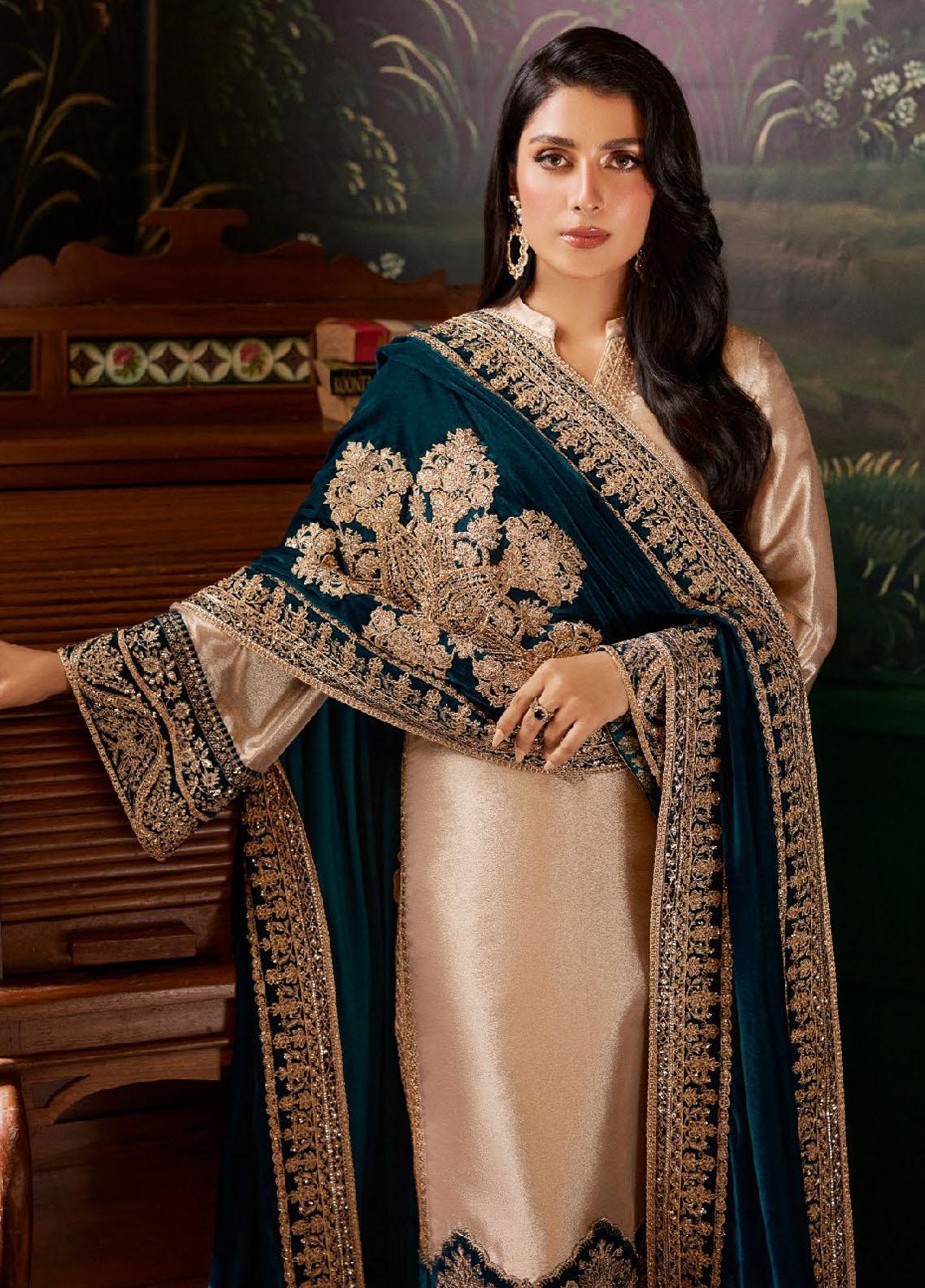 Heavy Embroidered 3 Pc Luxury Suit with Velvet Shawl - Unstitched