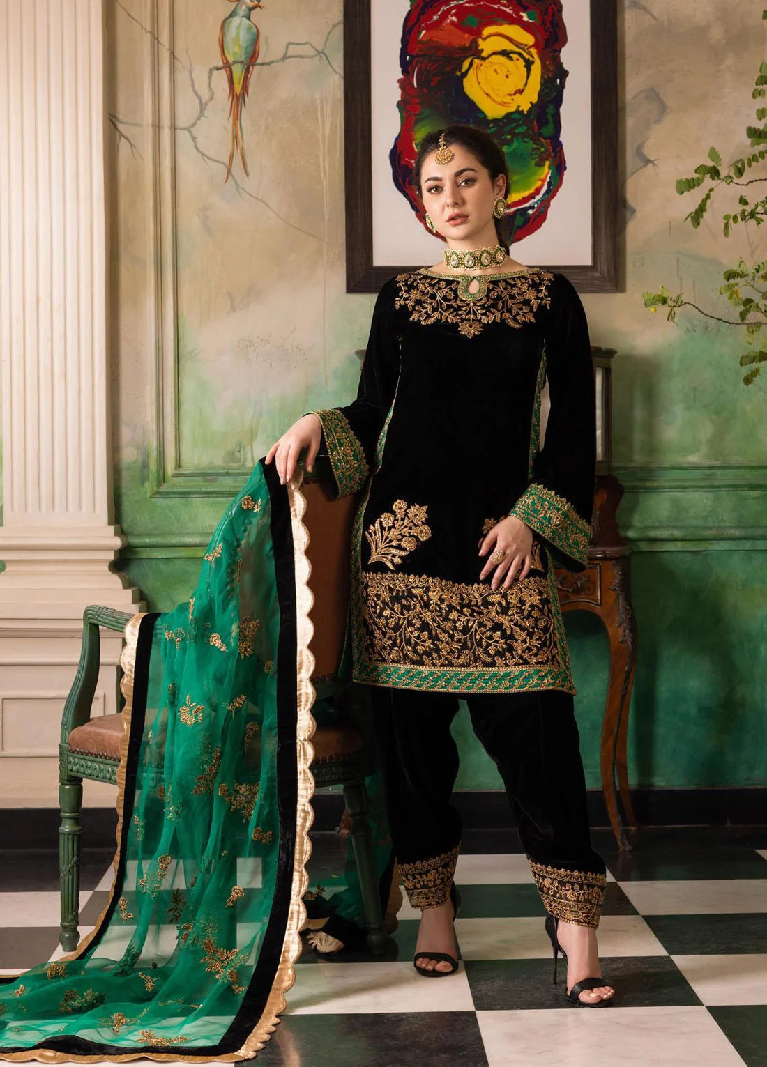 Heavy Embroidered Velvet 3-Piece Suit - Unstitched