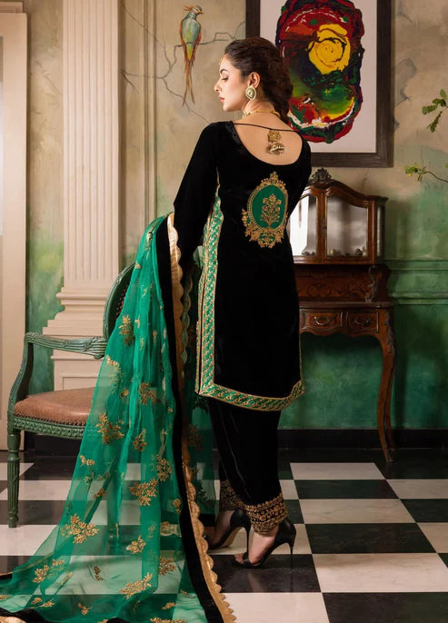 Heavy Embroidered Velvet 3-Piece Suit - Unstitched