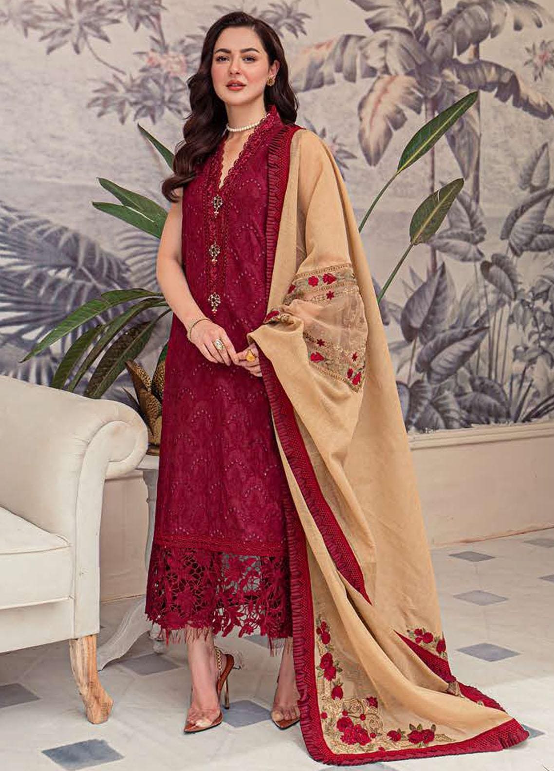 Embroidered Chikankari 3 Pc Suit with Cotton Net Dupatta - Unstitched - Unstitched